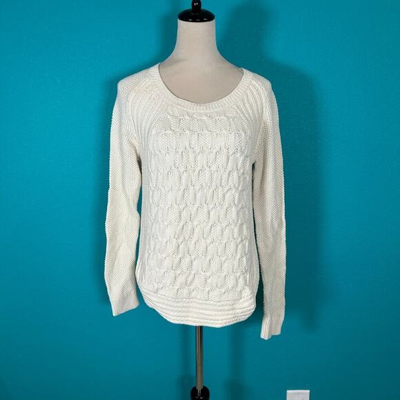 Max Studio Cream  100% Cotton Cable Knit Raglan Pullover Sweater Cabin Size M - Picture 2 of 5